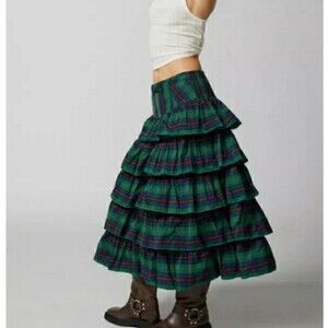 Urban Outfitters Midi Skirt Rainee Tiered Green Plaid Preppy Vacay Small New